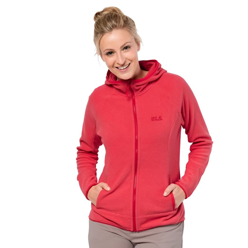 Jack Wolfskin Women's Arco Hooded Fleece - Tulip Red Stripes-Fleeces Full Zip-Outback Trading